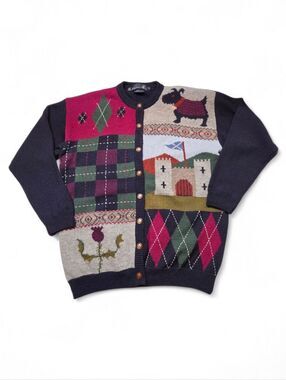 Tulchan Wool Navy Sweater Cardigan Argyle Plaid Scottie Dog Castle Dark Academia